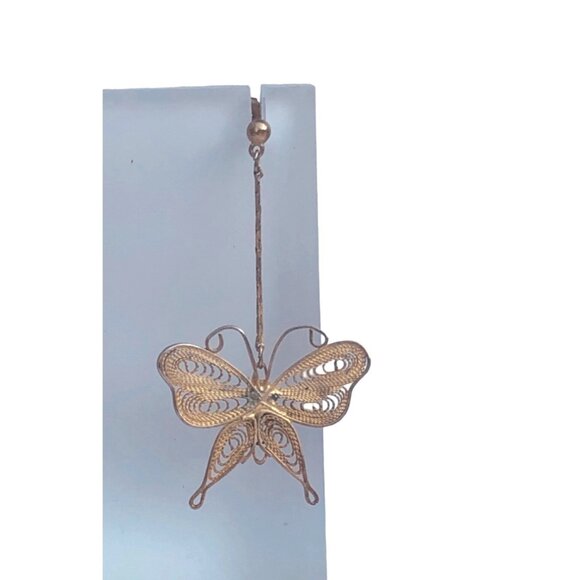 Vintage 1970s Gold Tone Cannetille Filigree Butterfly Drop Dangle Stud Earrings - Picture 4 of 5